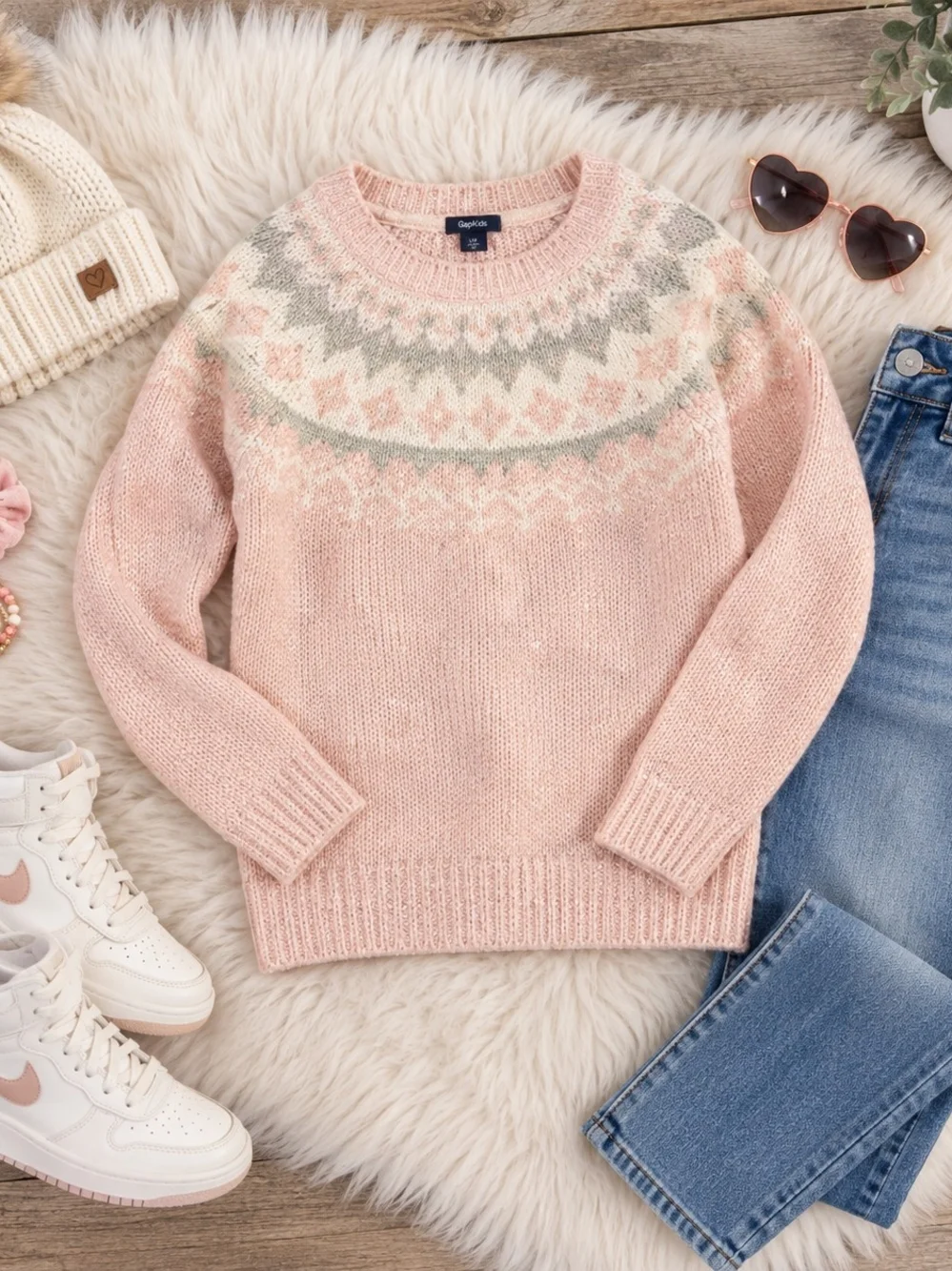 GAP Pink Crewneck Sweater with Cream & Gray - Brand New